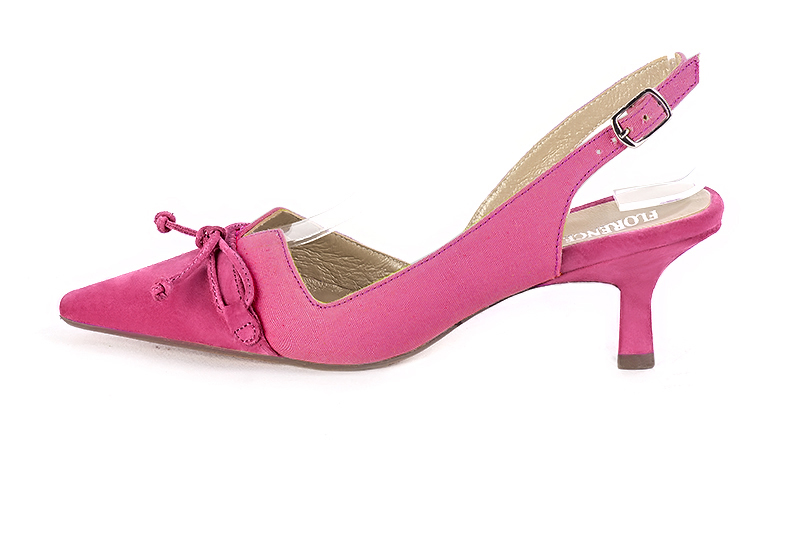 Fuschia pink women's open back shoes, with a knot. Tapered toe. Medium spool heels. Profile view - Florence KOOIJMAN